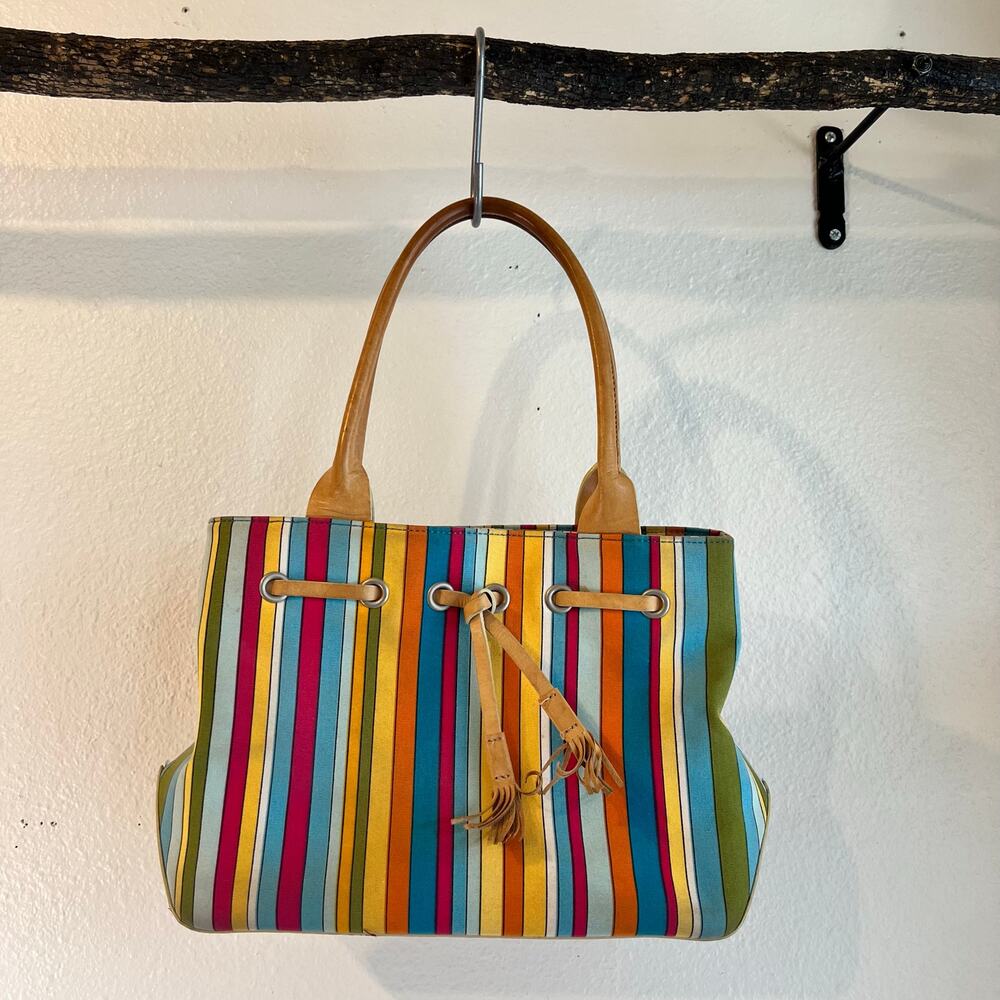 Vintage 90s Bright Rainbow Multicolored Leather Trim Tassel Medium Tote Bag